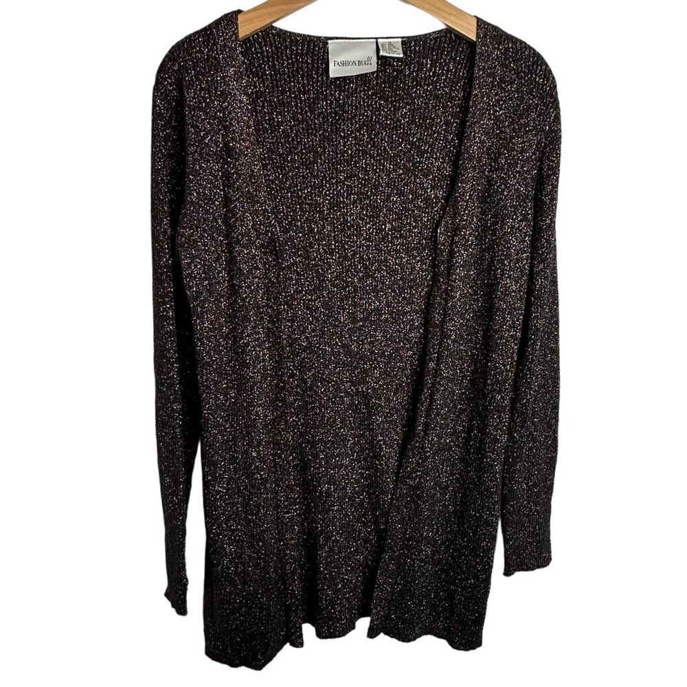 Fashion Bug Cardigan M Black Rainbow Metallic Shimmer Ribbed Open Front Longline